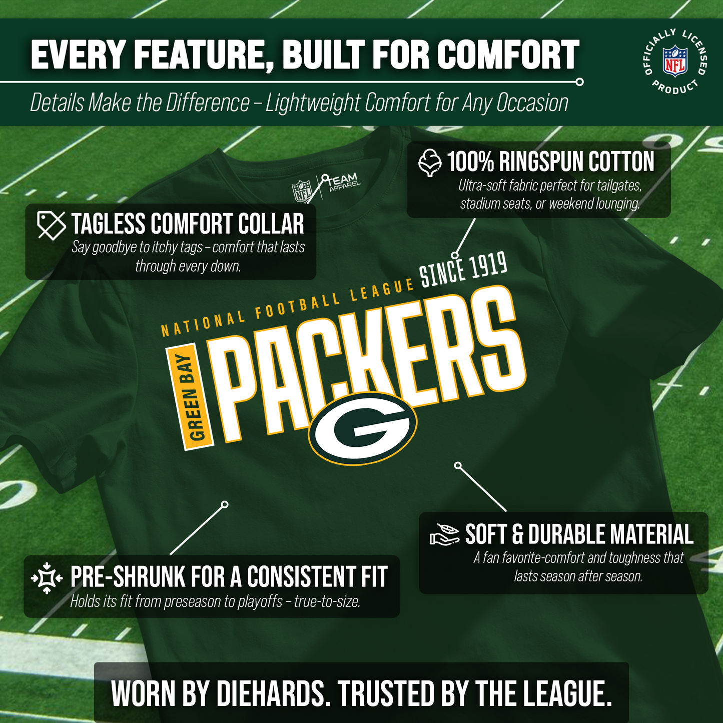 Green Bay Packers NFL Adult Modern Endzone Tag-Less T-Shirt - Forest Green