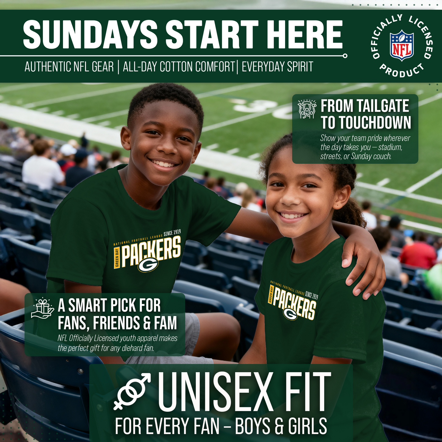 Green Bay Packers NFL Youth Modern Endzone Football T-Shirt Unisex Tag Free Comfortable - Forest Green