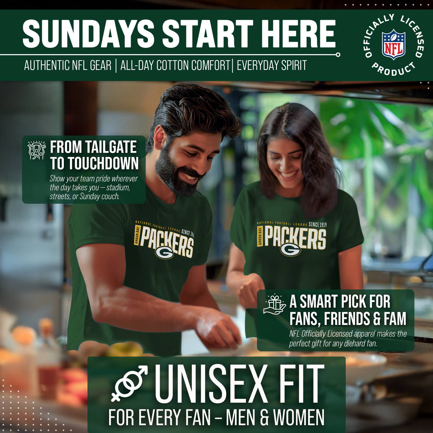 Green Bay Packers NFL Adult Modern Endzone Tag-Less T-Shirt - Forest Green