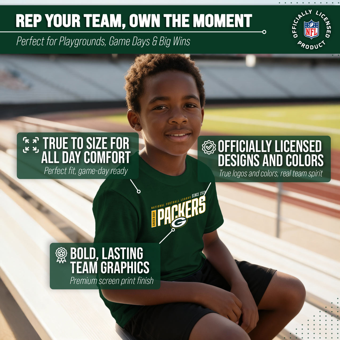 Green Bay Packers NFL Youth Modern Endzone Football T-Shirt Unisex Tag Free Comfortable - Forest Green