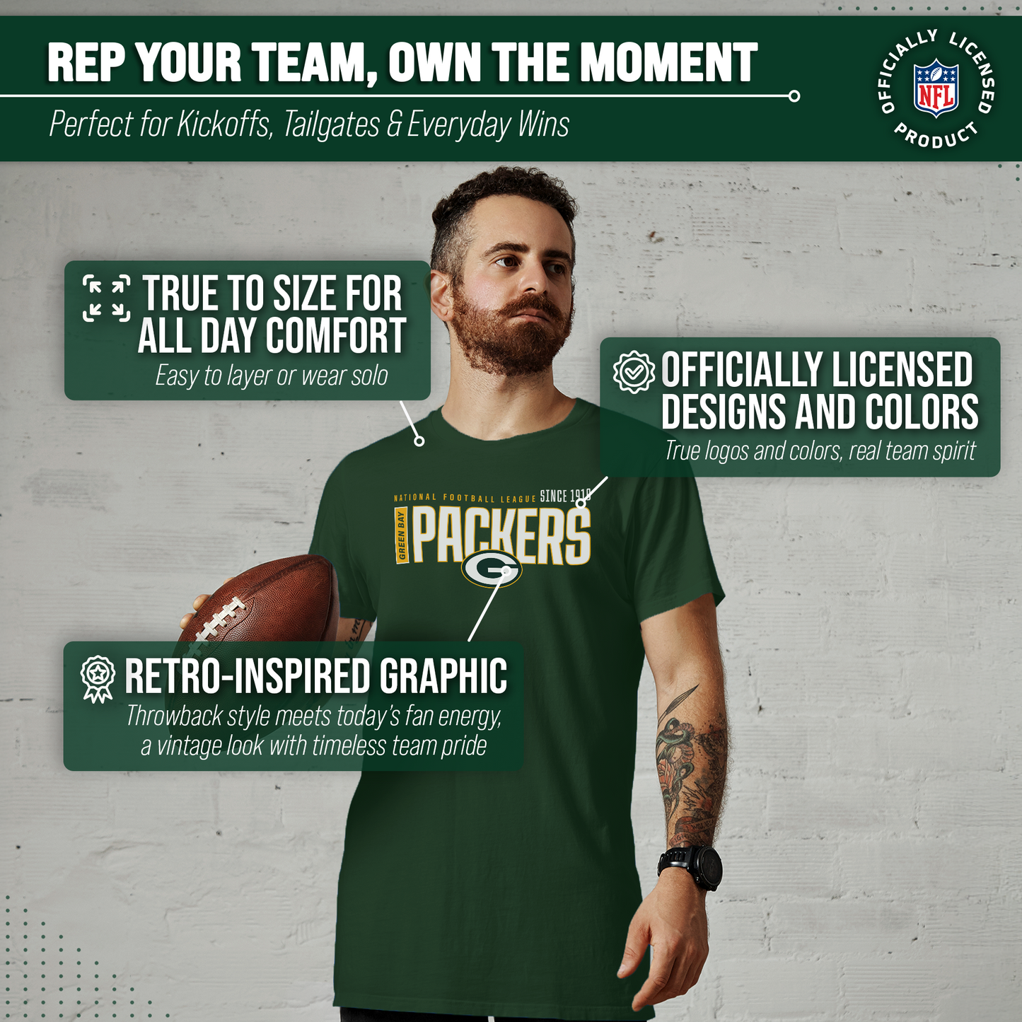 Green Bay Packers NFL Adult Modern Endzone Tag-Less T-Shirt - Forest Green