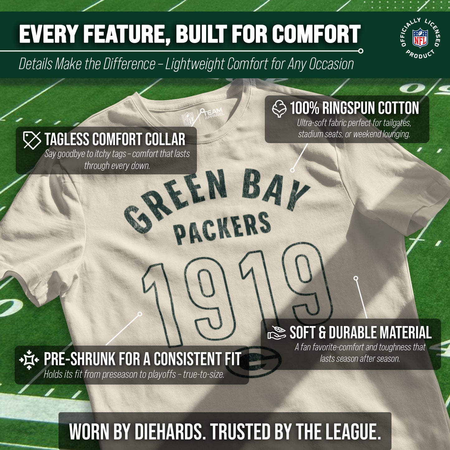 Green Bay Packers NFL Adult Big Date Tag-Less T-Shirt - Natural