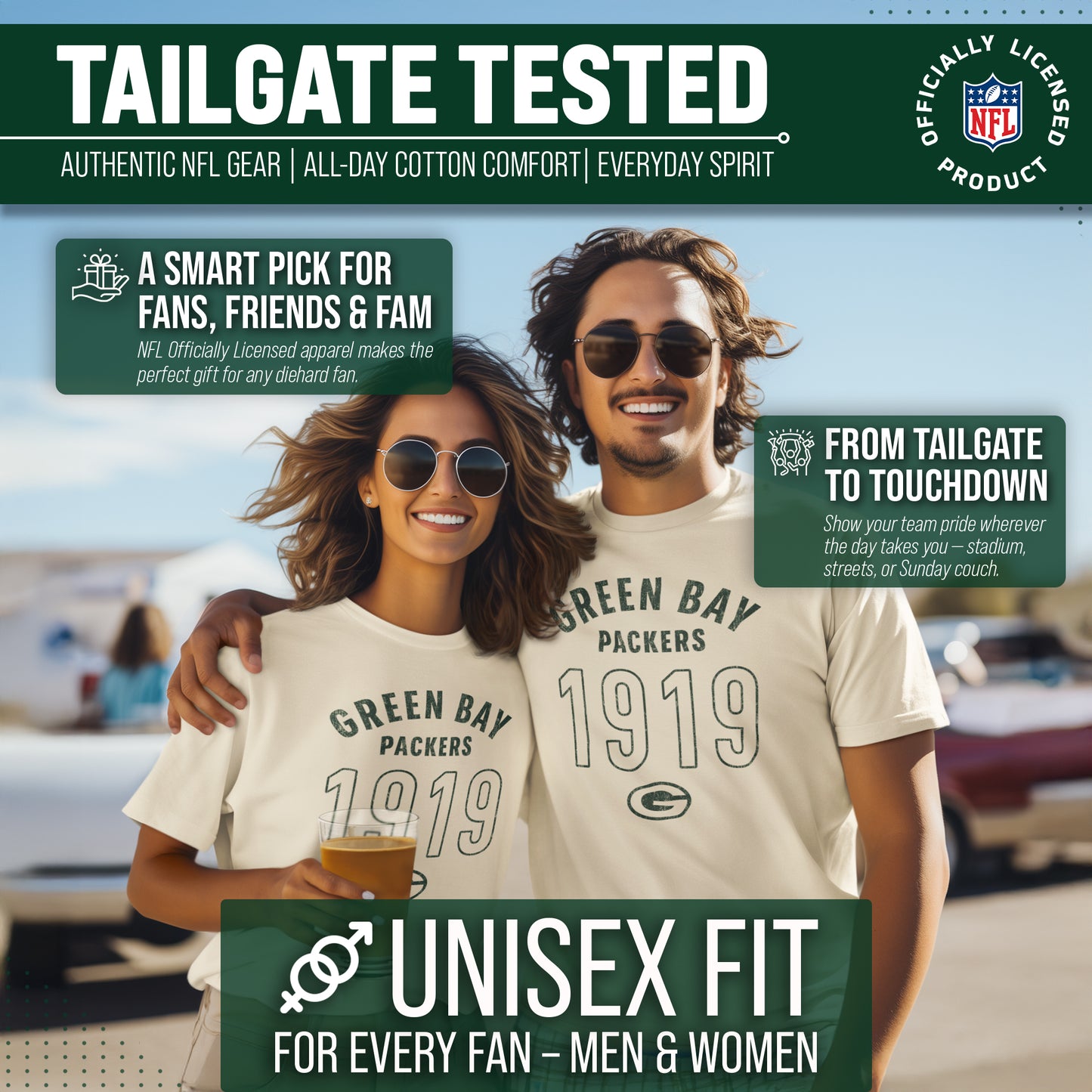 Green Bay Packers NFL Adult Big Date Tag-Less T-Shirt - Natural