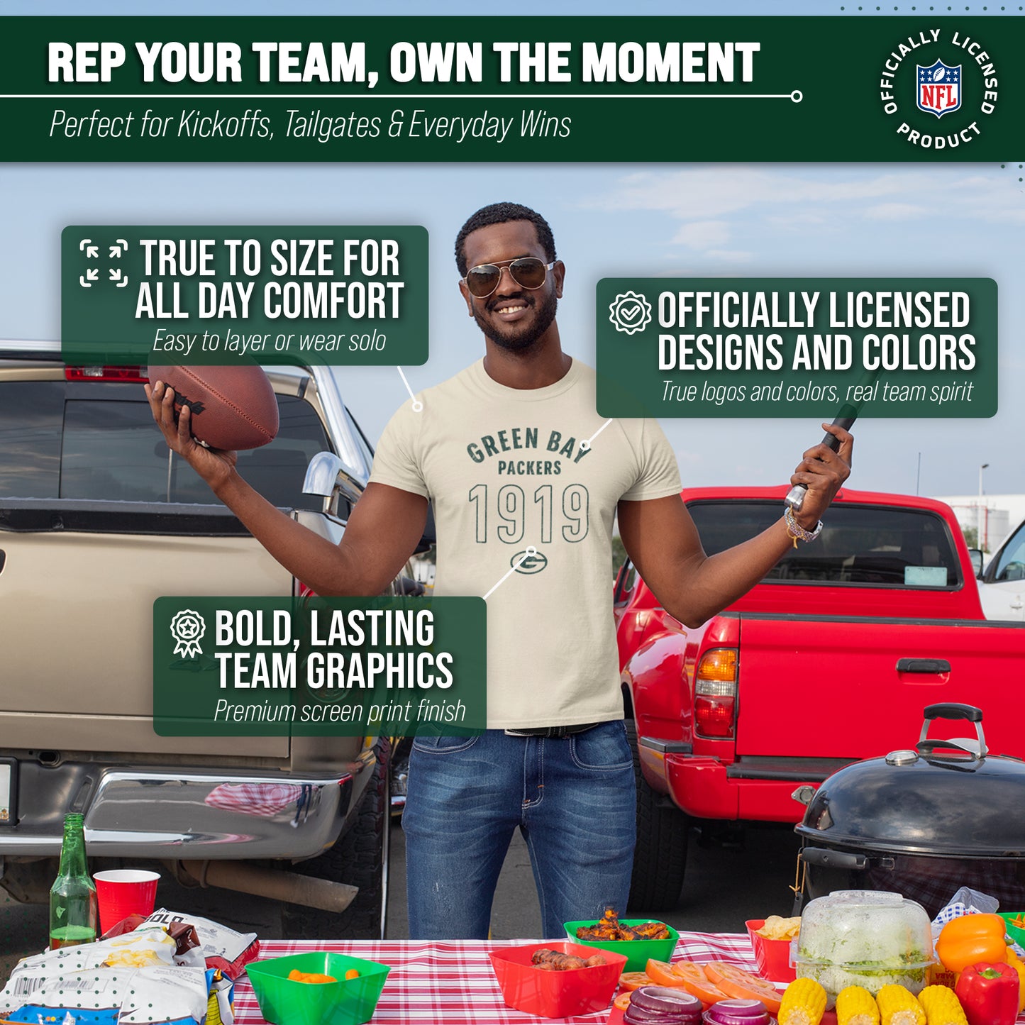 Green Bay Packers NFL Adult Big Date Tag-Less T-Shirt - Natural