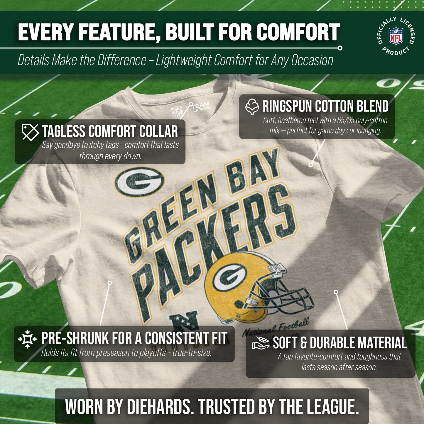 Green Bay Packers NFL Adult Distressed Helmet Tag-Less T-Shirt - Cream