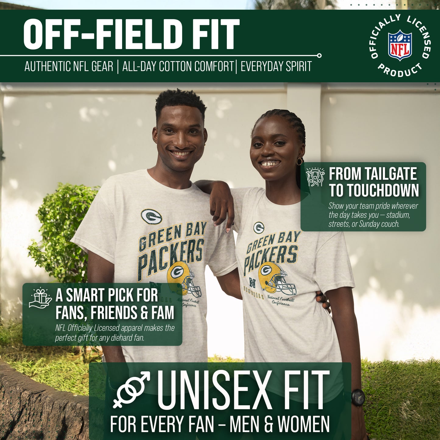 Green Bay Packers NFL Adult Distressed Helmet Tag-Less T-Shirt - Cream