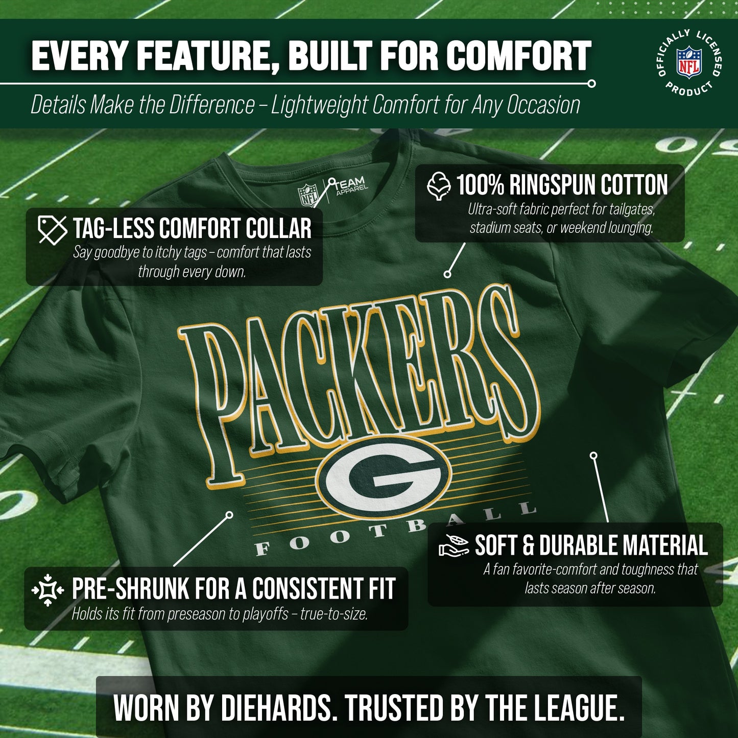 Green Bay Packers NFL Adult Overtime Blueprint Tag-Less T-Shirt - Forest Green