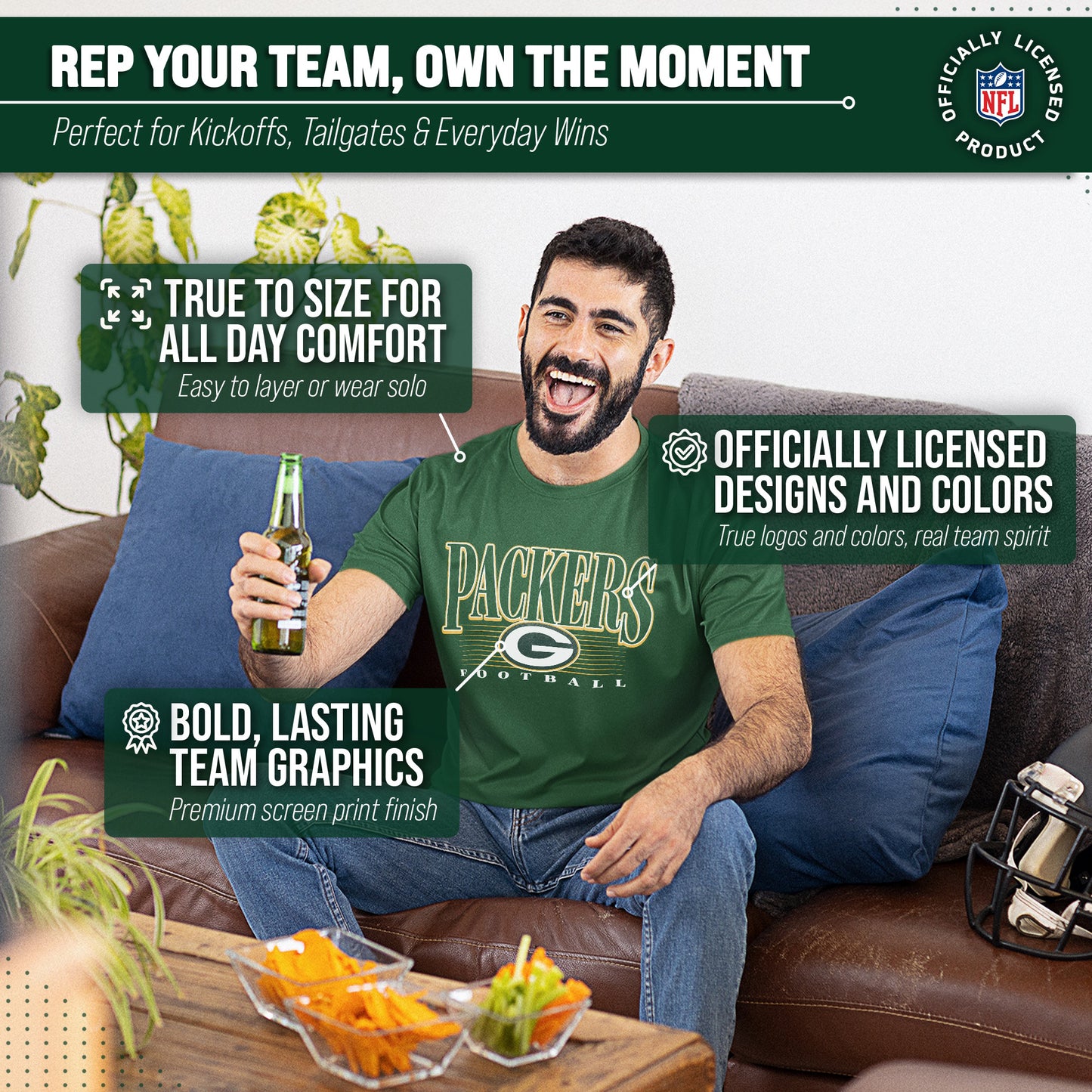 Green Bay Packers NFL Adult Overtime Blueprint Tag-Less T-Shirt - Forest Green