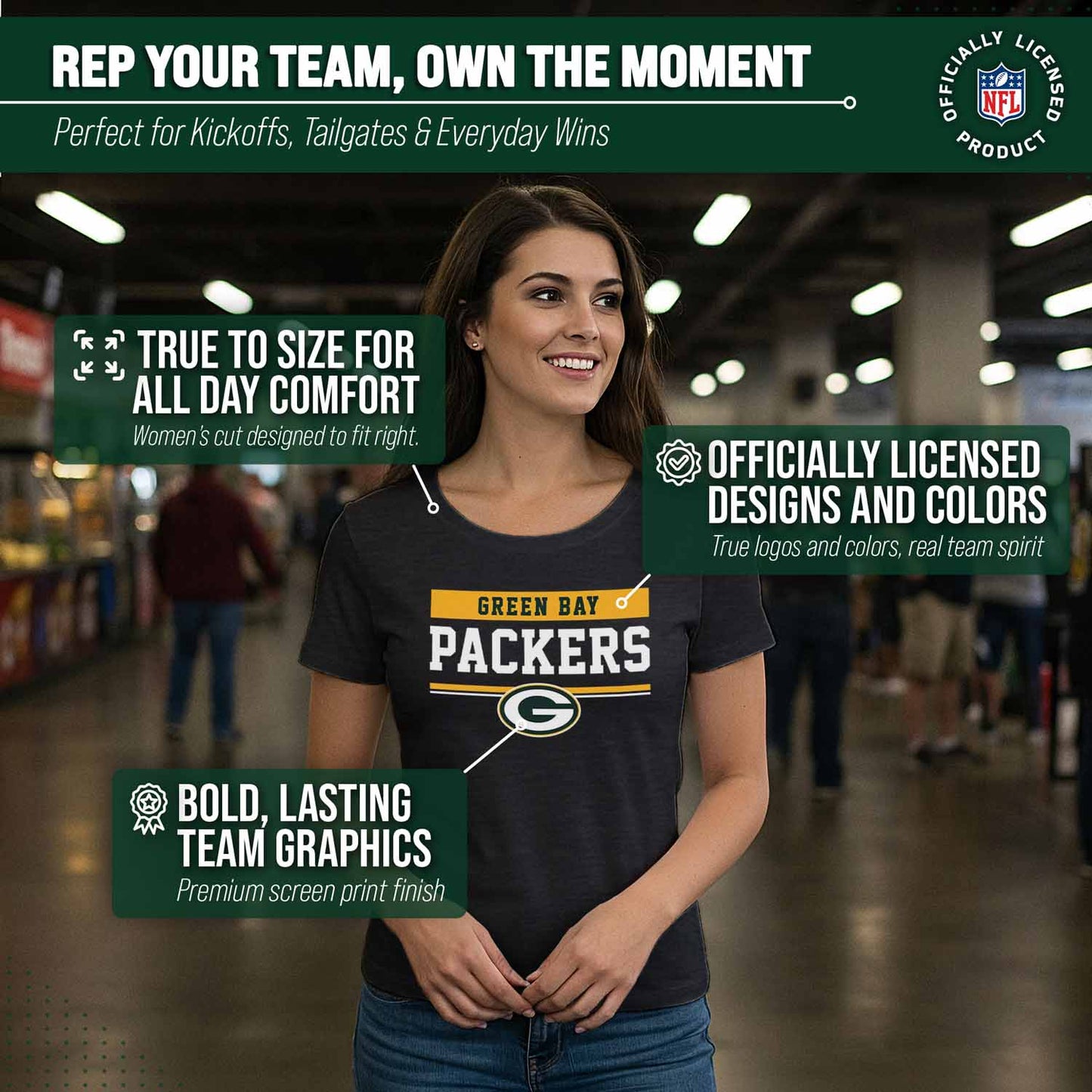 Green Bay Packers NFL Women's Team Block Charcoal Tagless T-Shirt - Charcoal