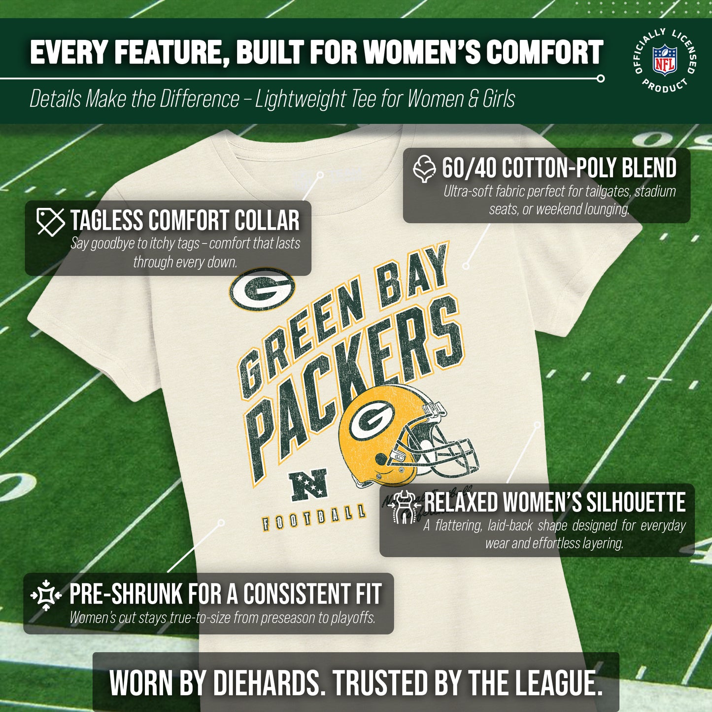 Green Bay Packers NFL Womens Distressed Helmet Tag-Less Soft T-Shirt - Birch