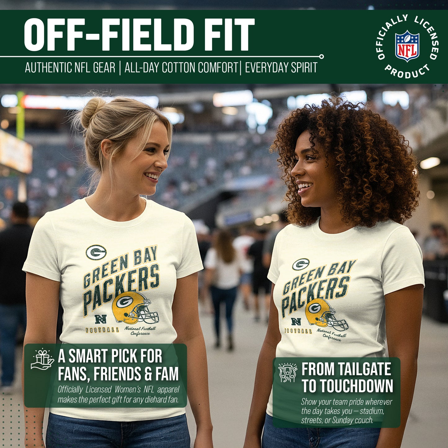 Green Bay Packers NFL Womens Distressed Helmet Tag-Less Soft T-Shirt - Birch