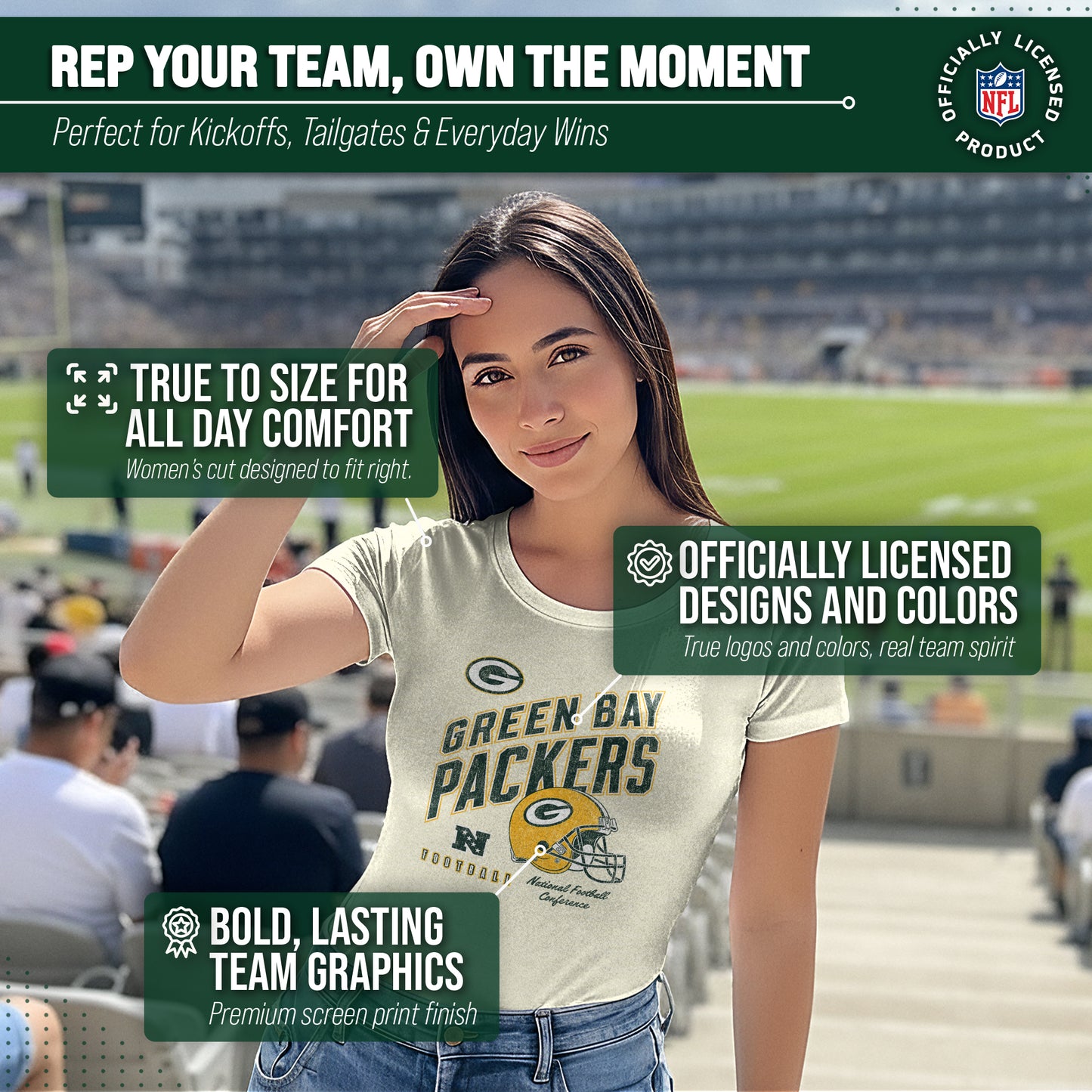 Green Bay Packers NFL Womens Distressed Helmet Tag-Less Soft T-Shirt - Birch