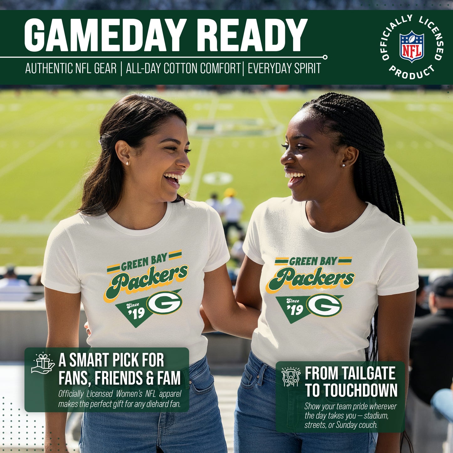 Green Bay Packers NFL Womens Vintage Charm Tag-Less Soft T-Shirt - Birch