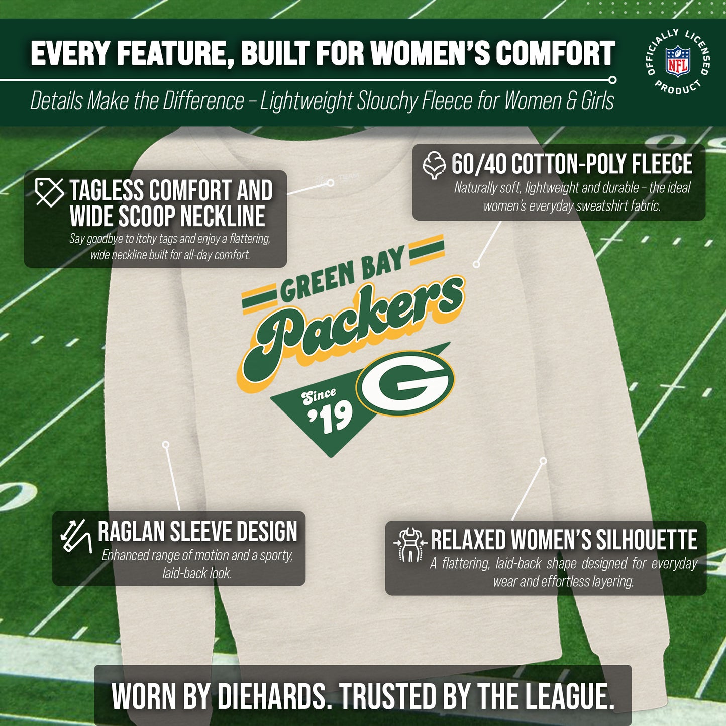 Green Bay Packers NFL Womens Vintage Charm Slouchy Crewneck - Birch