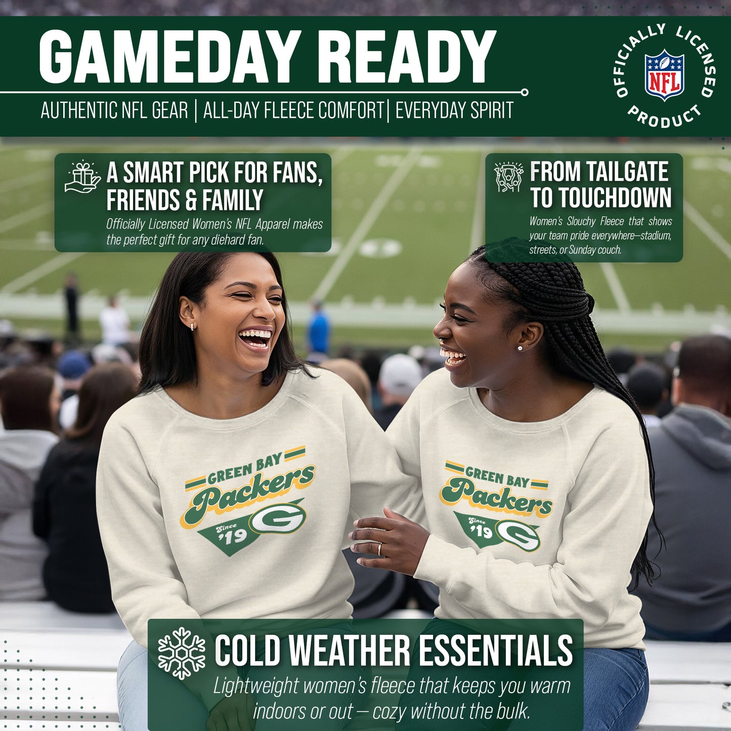 Green Bay Packers NFL Womens Vintage Charm Slouchy Crewneck - Birch