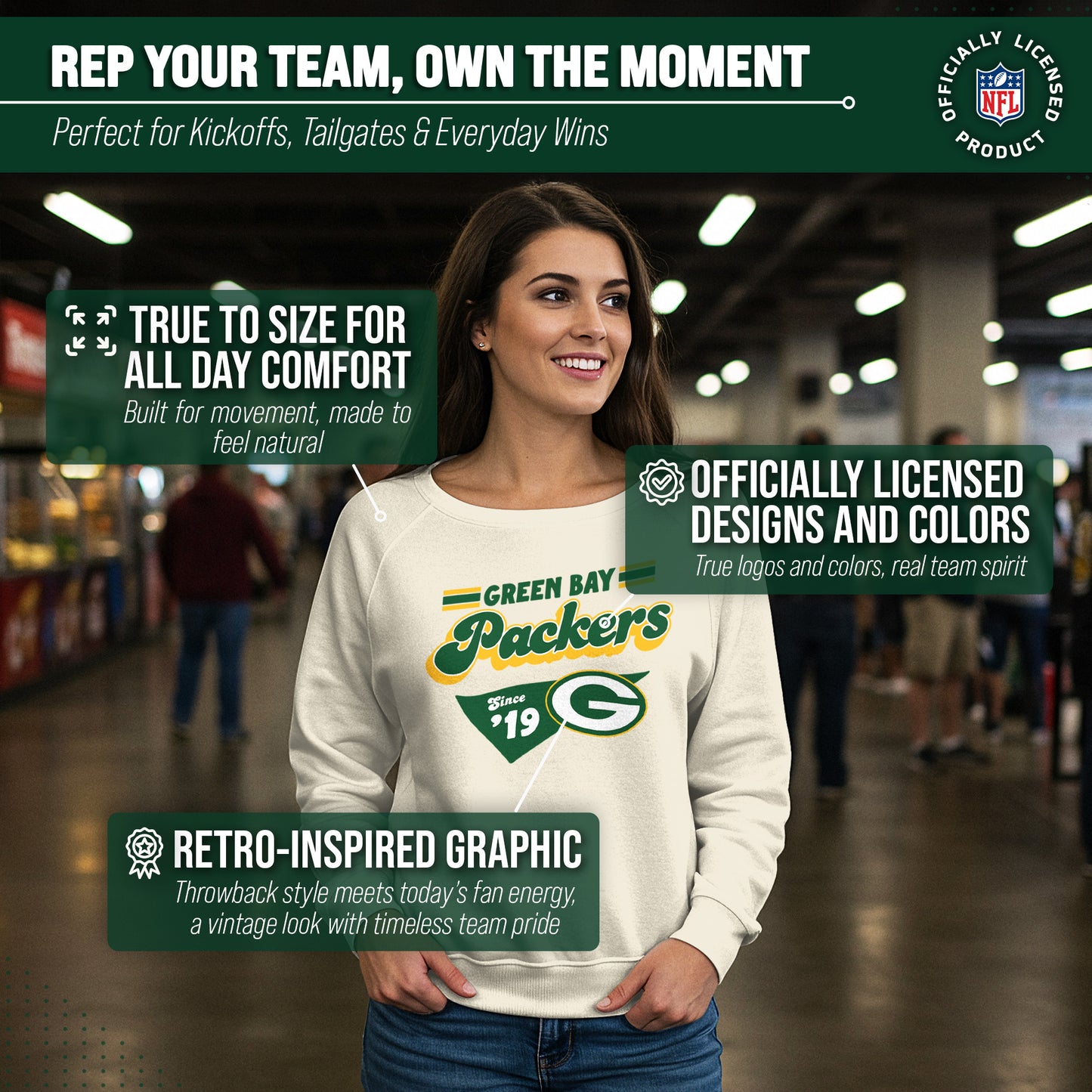 Green Bay Packers NFL Womens Vintage Charm Slouchy Crewneck - Birch