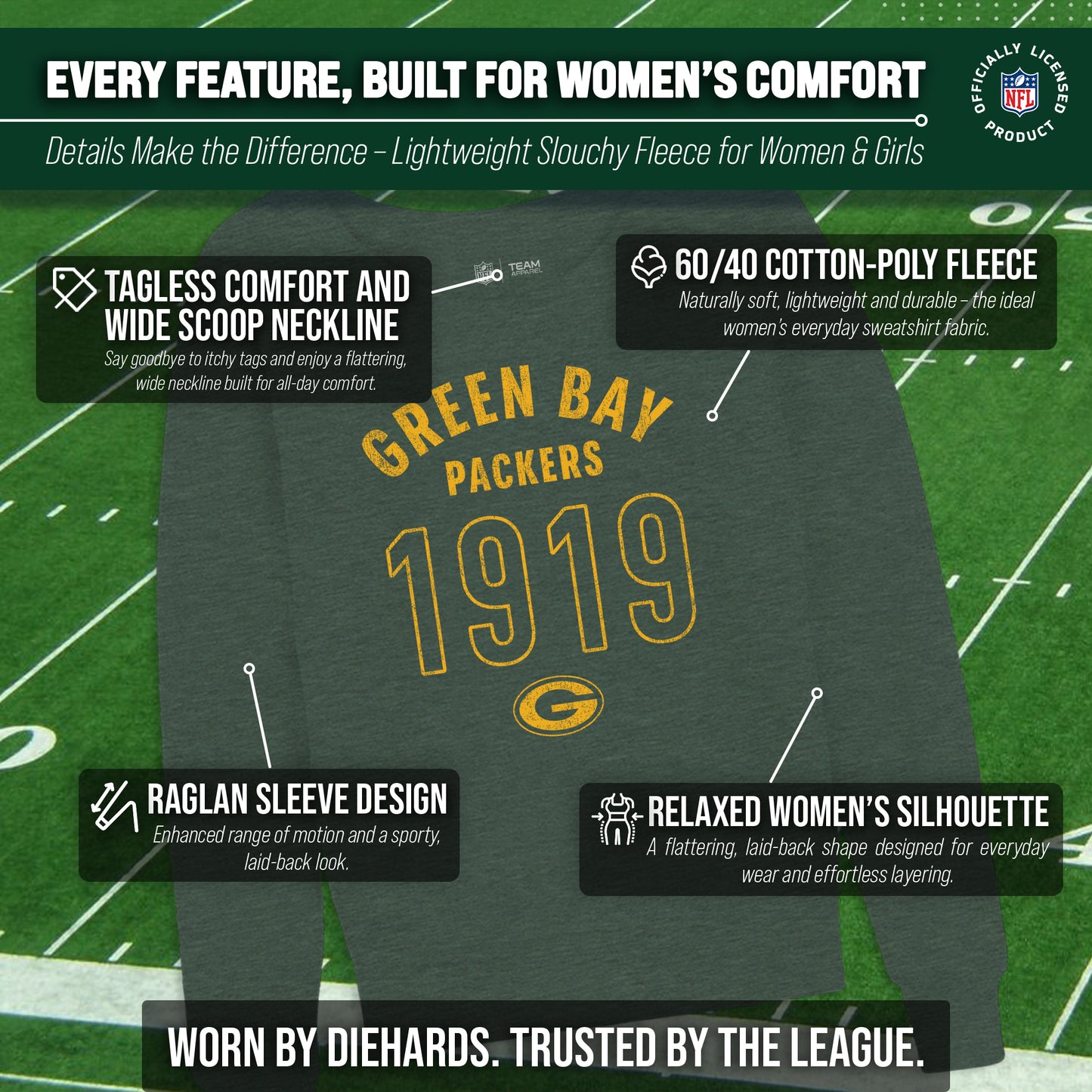 Green Bay Packers NFL Womens Big Date Slouchy Crewneck - Forest Green Heather