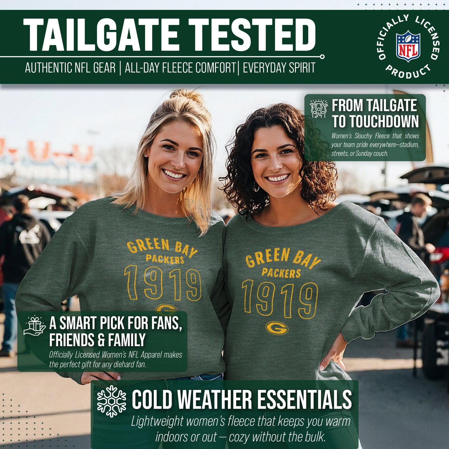 Green Bay Packers NFL Womens Big Date Slouchy Crewneck - Forest Green Heather