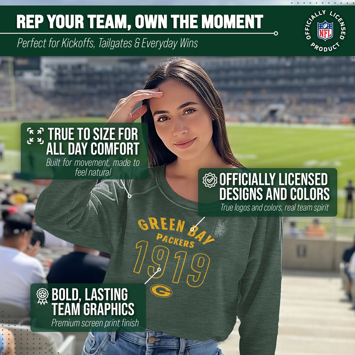 Green Bay Packers NFL Womens Big Date Slouchy Crewneck - Forest Green Heather