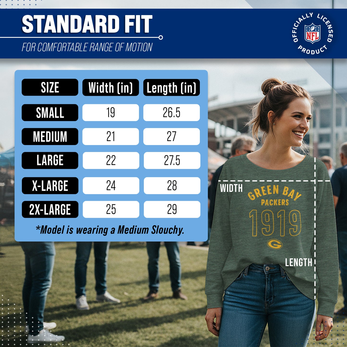 Green Bay Packers NFL Womens Big Date Slouchy Crewneck - Forest Green Heather