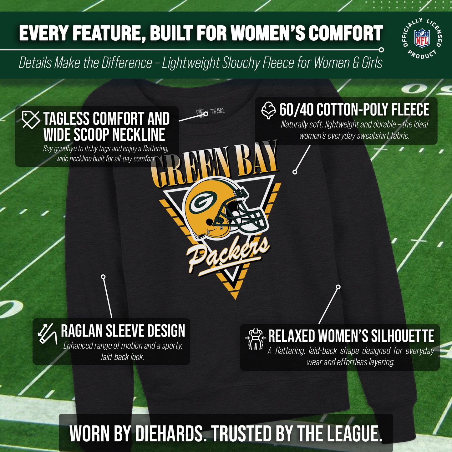 Green Bay Packers NFL Womens Retro Triangle Slouchy Crewneck - Heather Charcoal