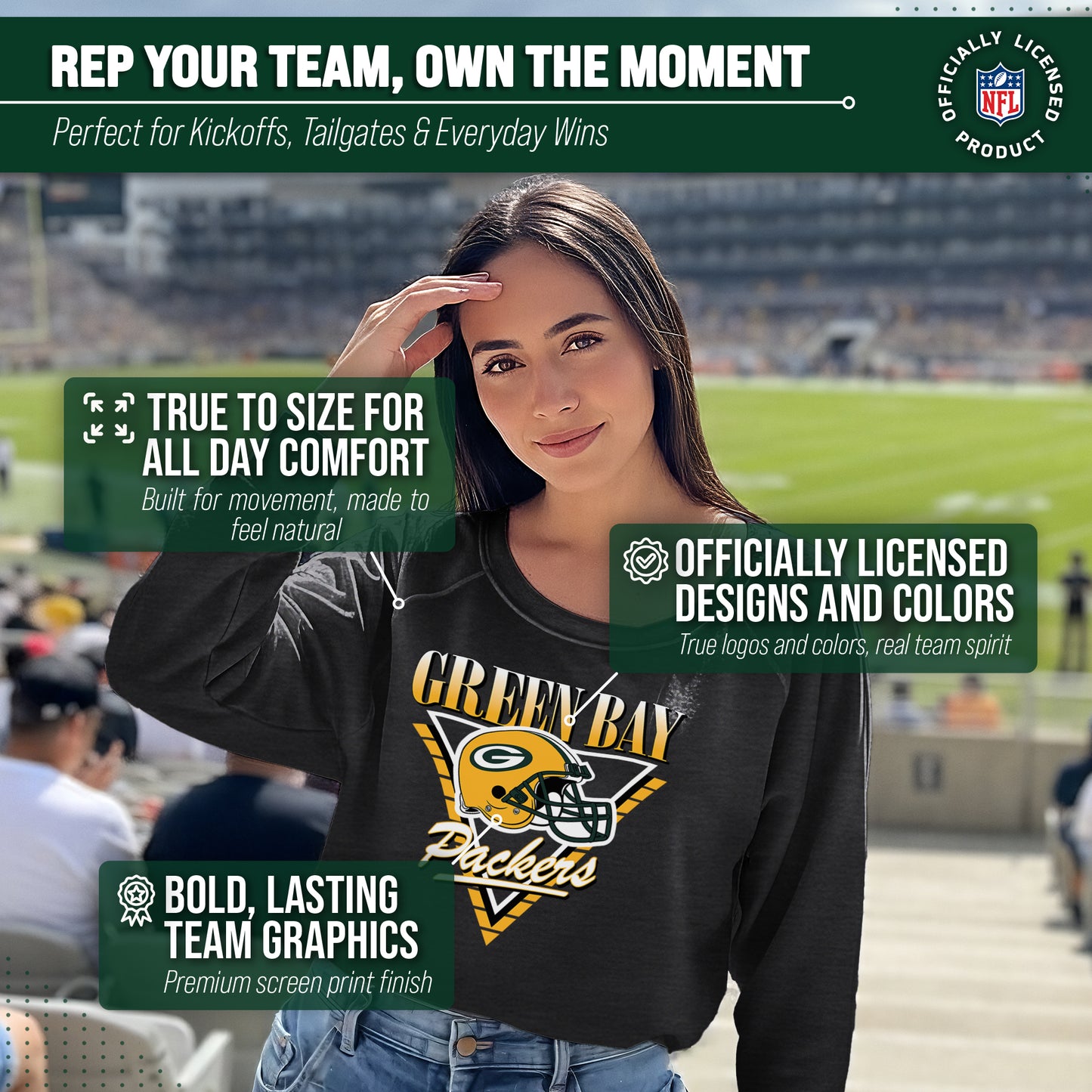 Green Bay Packers NFL Womens Retro Triangle Slouchy Crewneck - Heather Charcoal