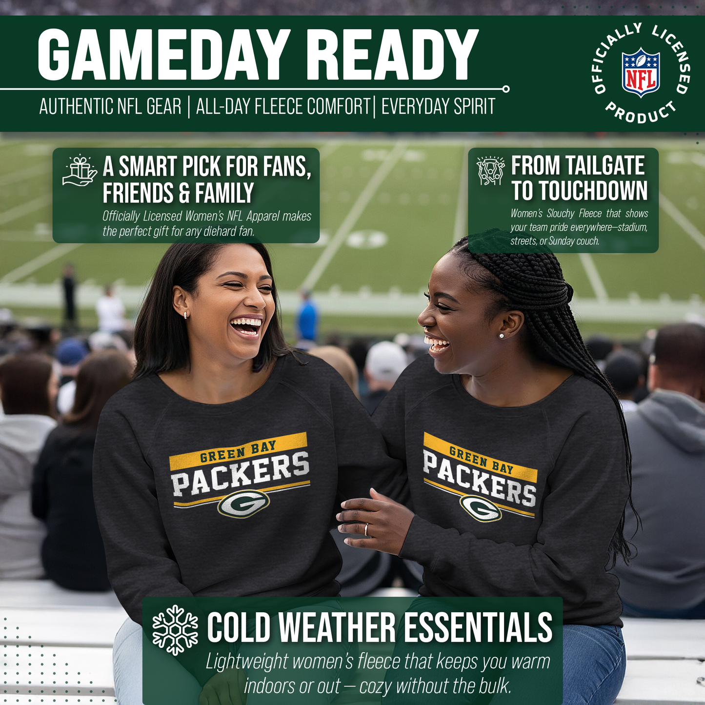 Green Bay Packers NFL Womens Charcoal Crew Neck Football Apparel - Charcoal