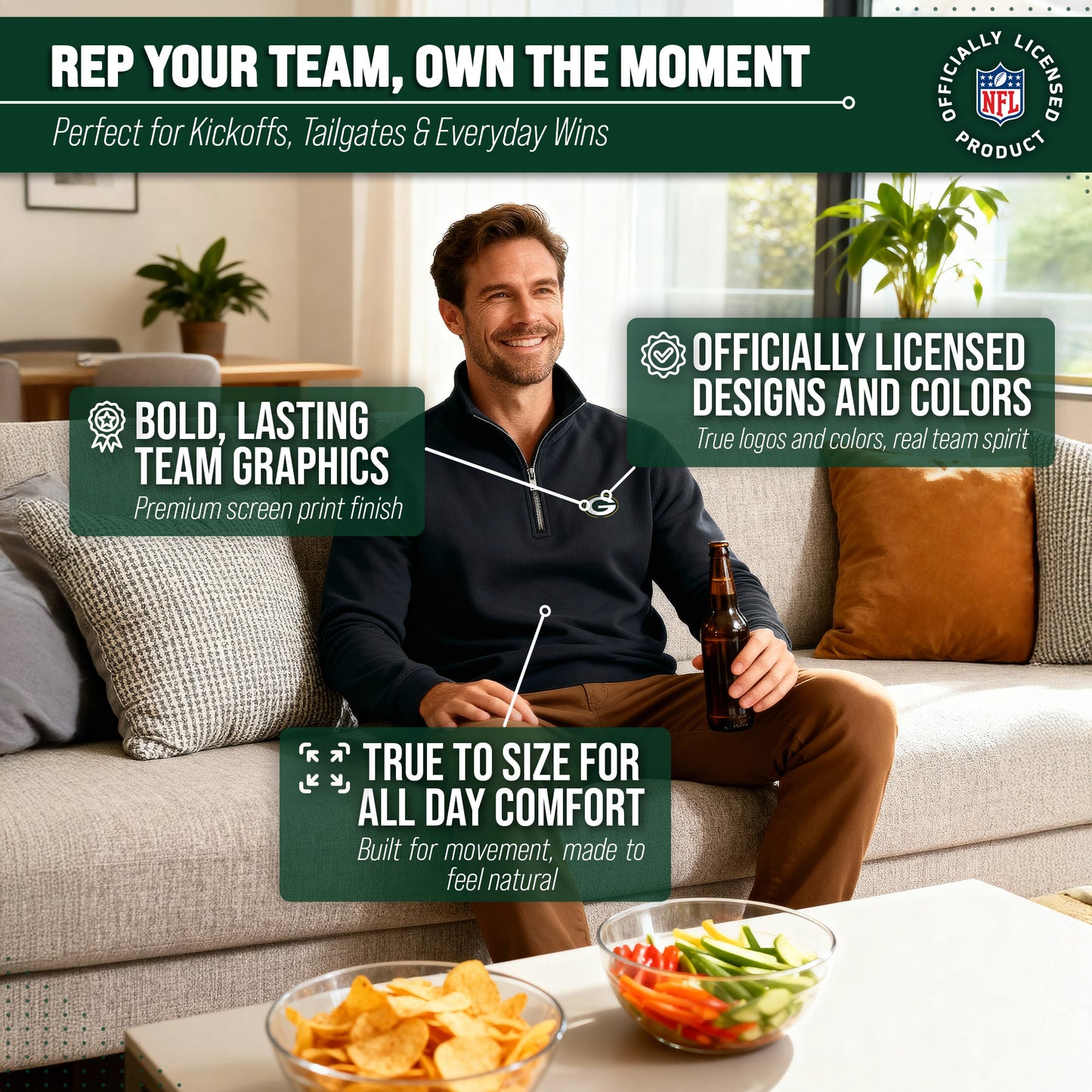 Green Bay Packers NFL Adult Unisex Team Logo Quarter Zip Pullover Sweatshirt - Black