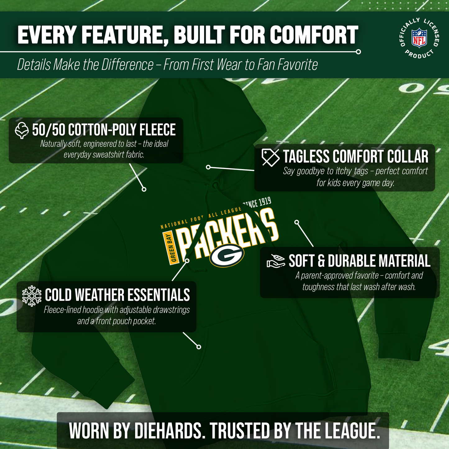 Green Bay Packers NFL Adult Unisex Modern Endzone Soft Fleece Hooded Sweatshirt - Forest Green