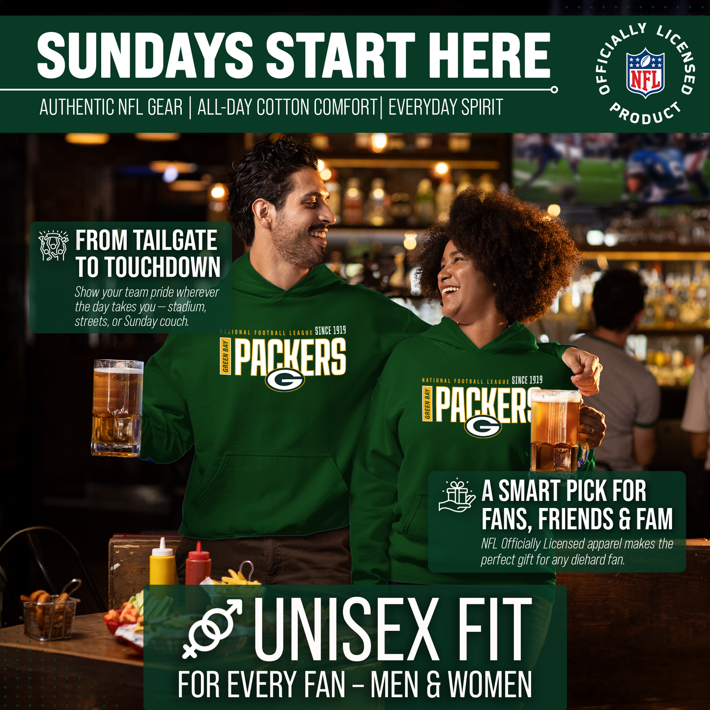 Green Bay Packers NFL Adult Unisex Modern Endzone Soft Fleece Hooded Sweatshirt - Forest Green