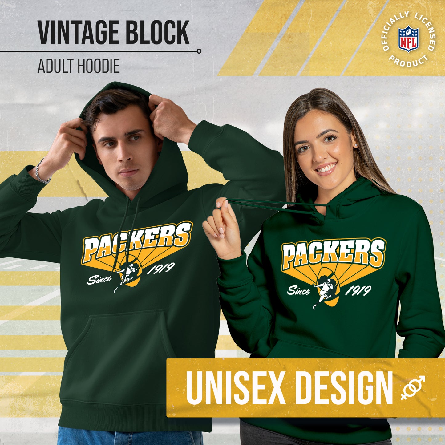 Green Bay Packers NFL Adult Unisex Vintage Block Ultra Soft Fleece Hooded Sweatshirt - Forest Green