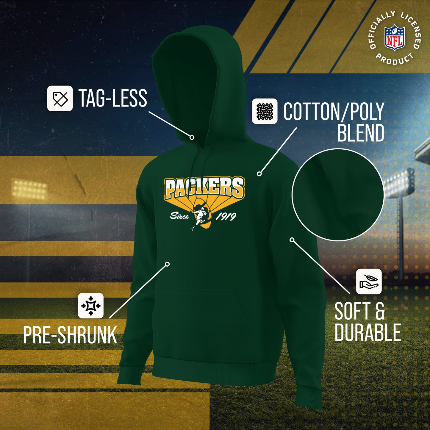 Green Bay Packers NFL Adult Unisex Vintage Block Ultra Soft Fleece Hooded Sweatshirt - Forest Green