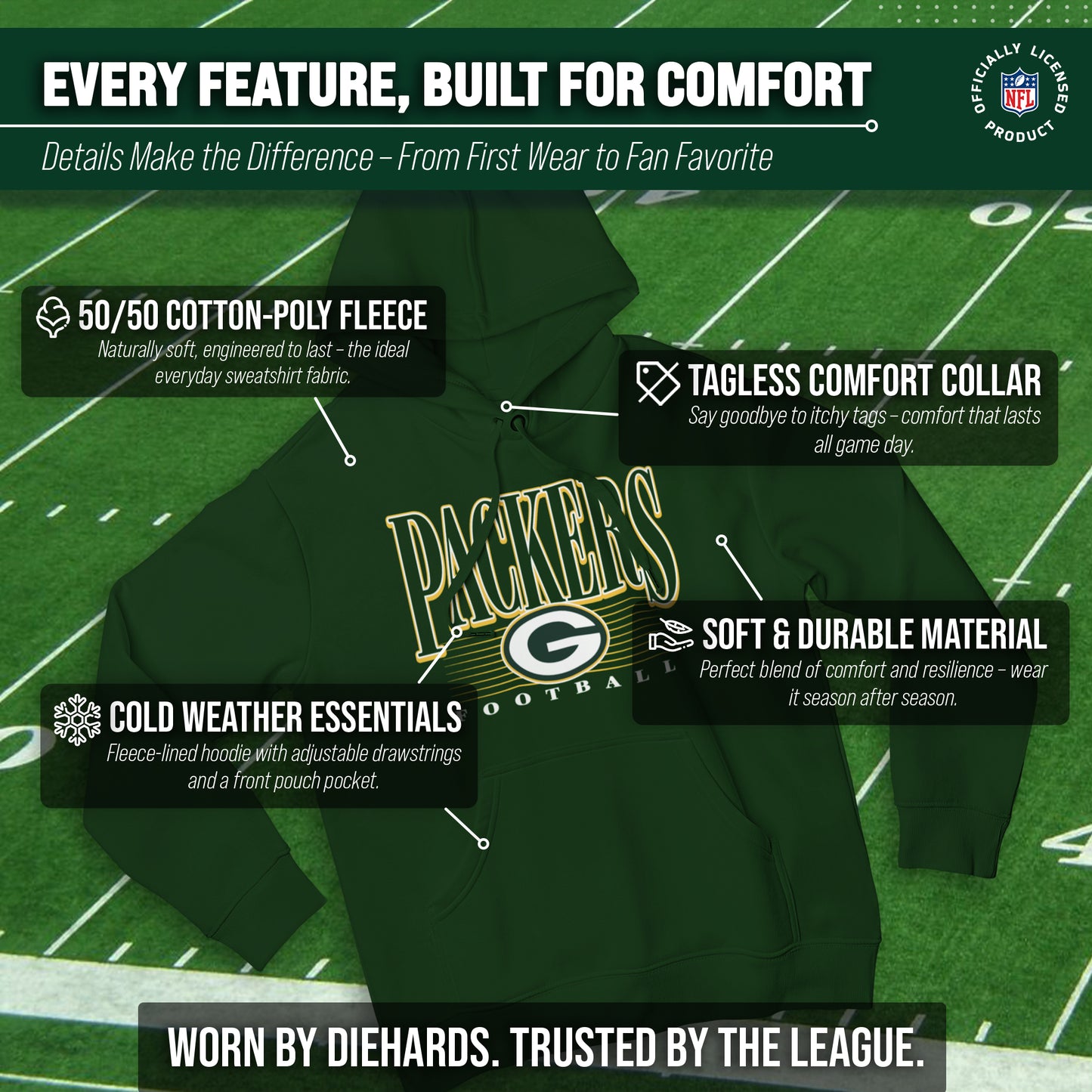 Green Bay Packers NFL Adult Unisex Overtime Blueprint Soft Fleece Hooded Sweatshirt - Forest Green