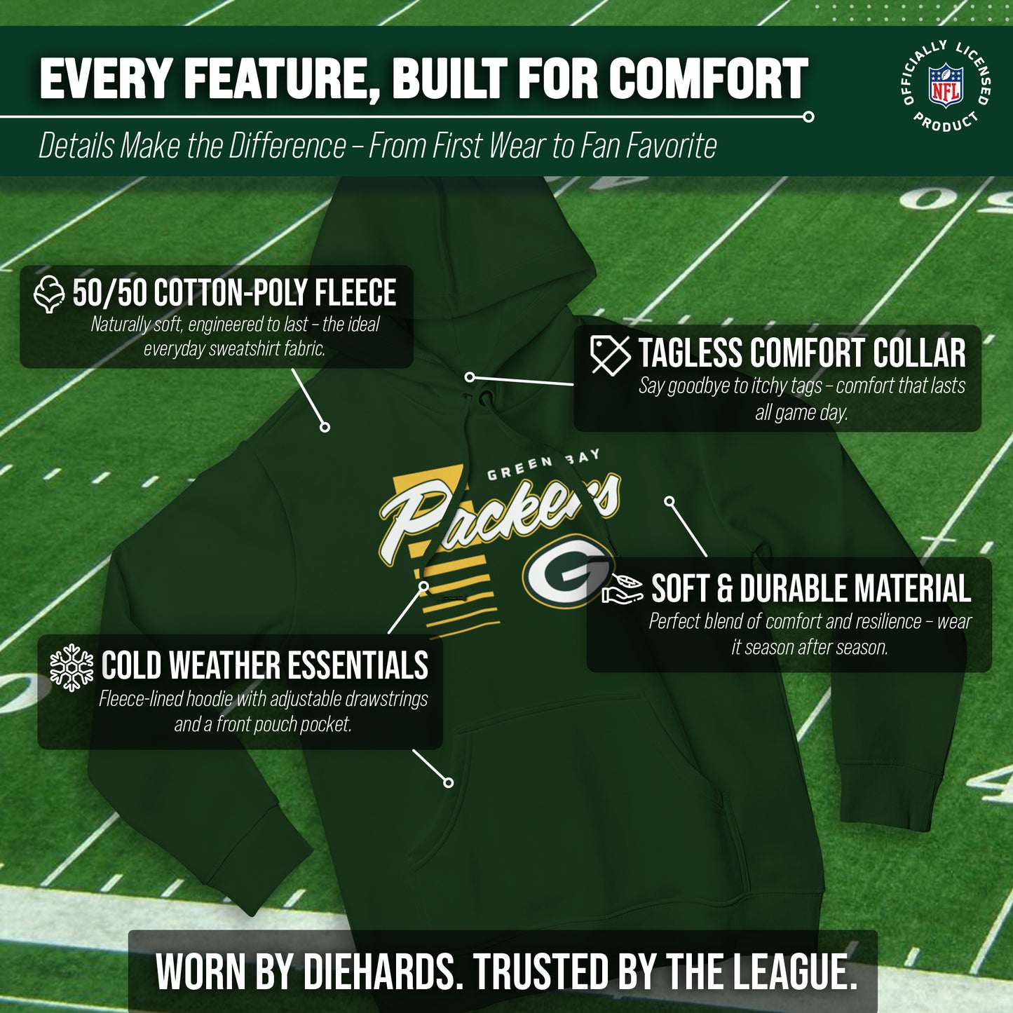 Green Bay Packers NFL Adult Unisex Retro Script Ultra Soft Fleece Hooded Sweatshirt - Forest Green