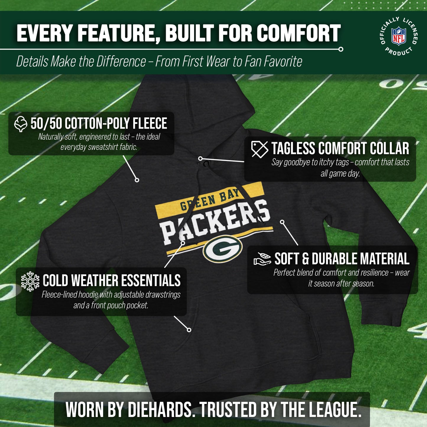 Green Bay Packers NFL Adult Gameday Charcoal Hooded Sweatshirt - Charcoal