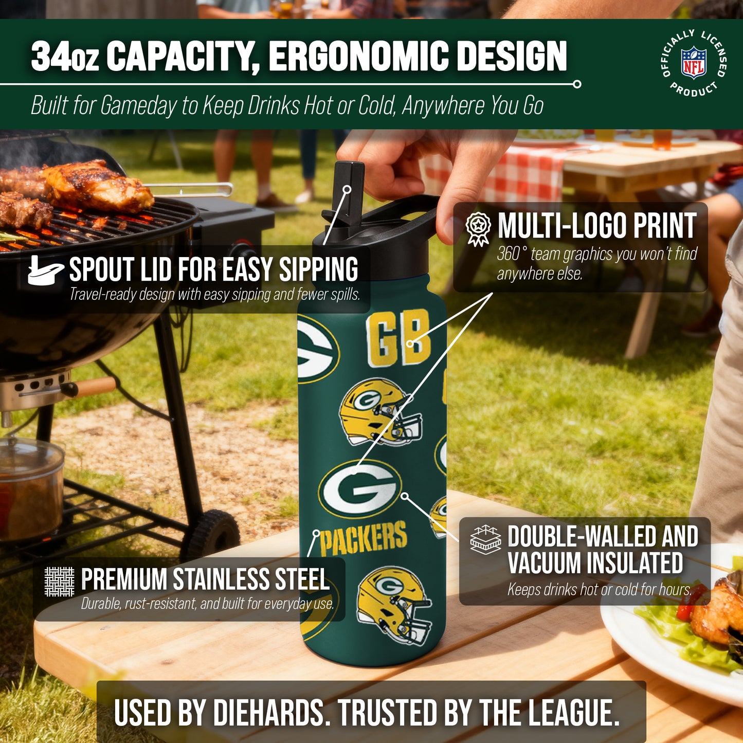 Green Bay Packers NFL 34Oz Native Quencher Water Bottle - Hunter Green