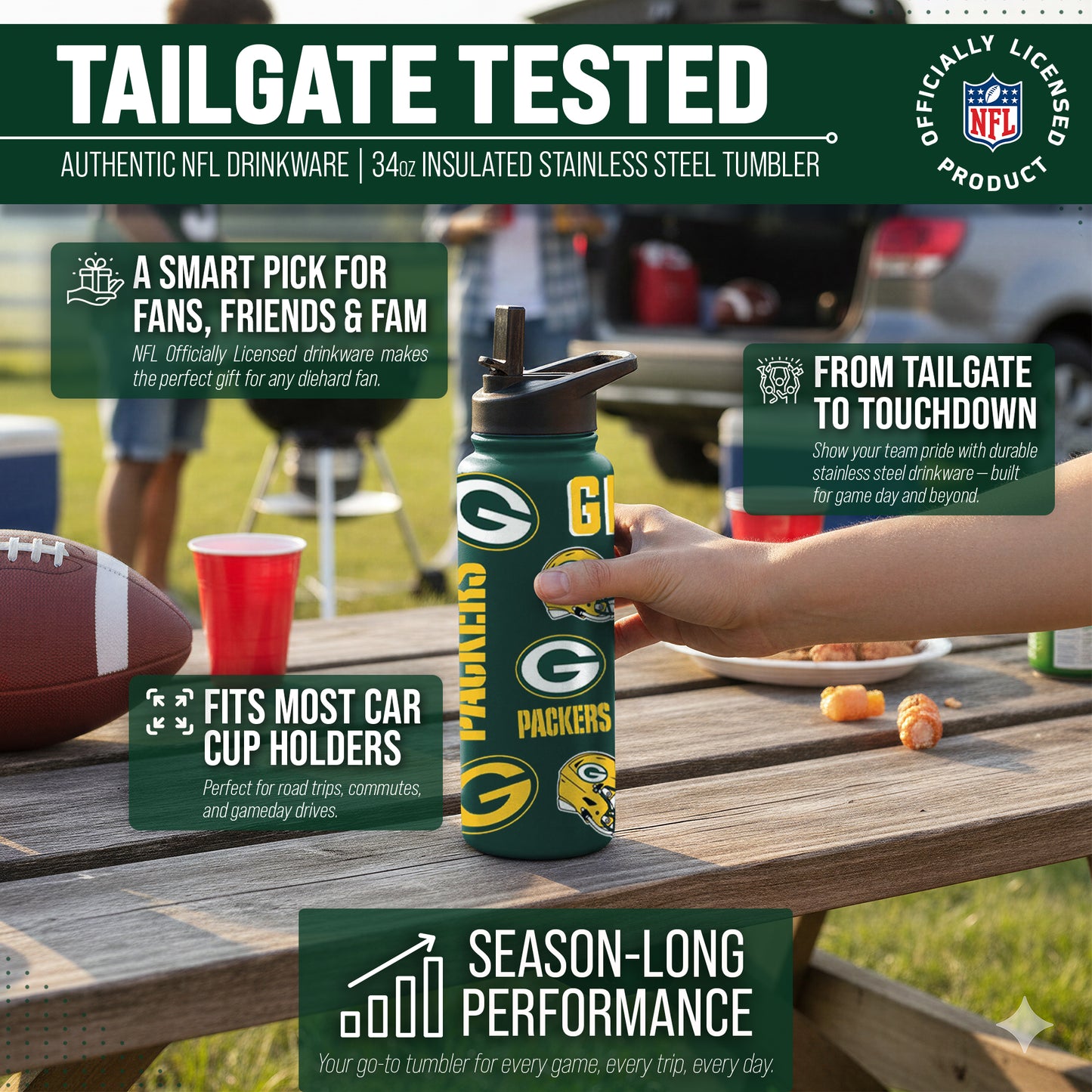 Green Bay Packers NFL 34Oz Native Quencher Water Bottle - Hunter Green