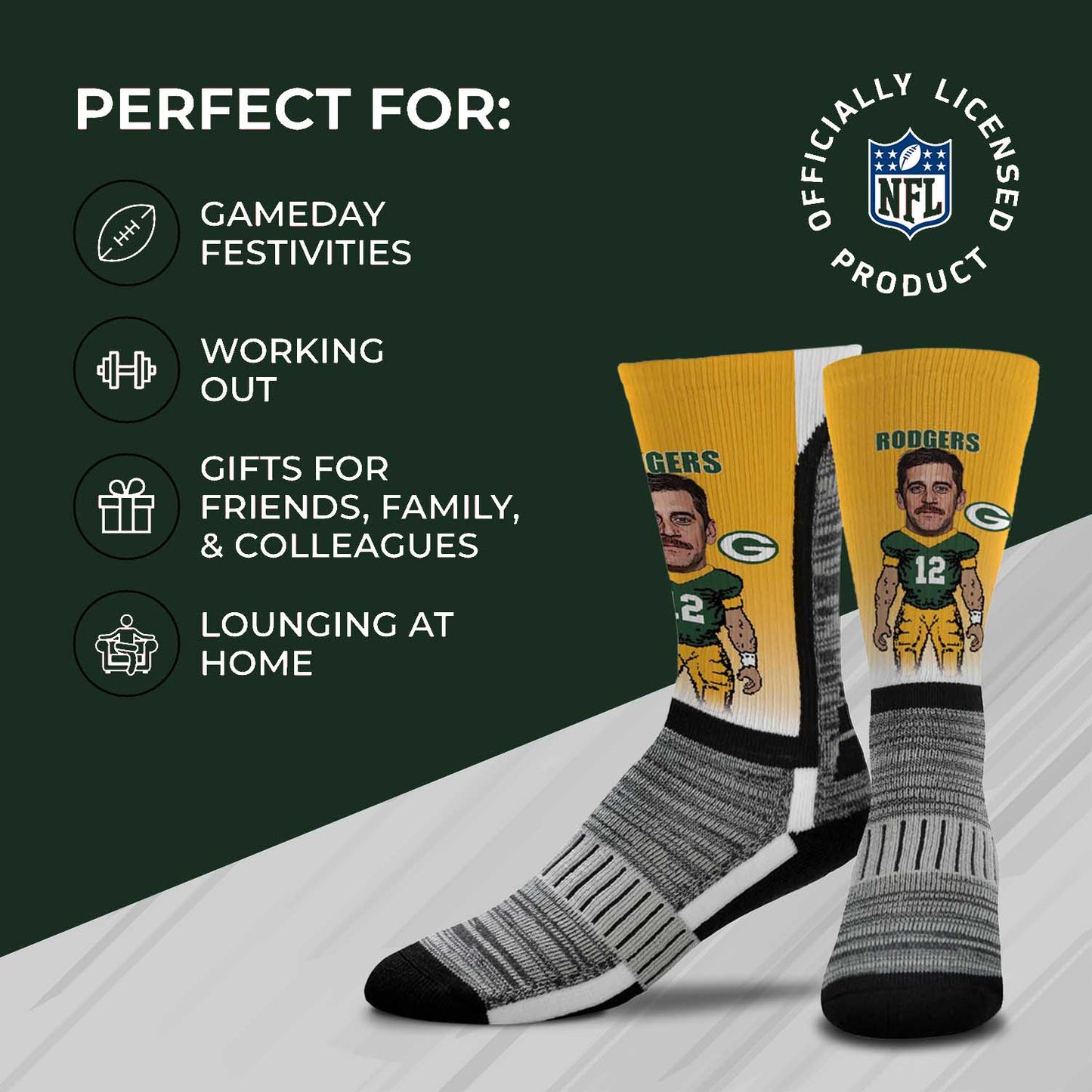 Green Bay Packers NFL Adult V Curve MVP Player Crew Socks - Gold