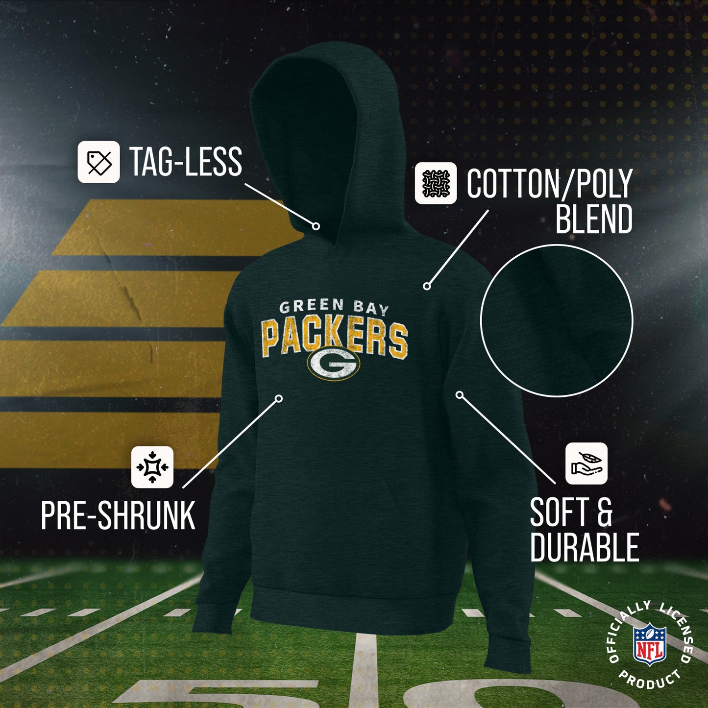 Green Bay Packers NFL Youth Starting Fresh Hoodie- Pro Football Sweatshirt for Boys and Girls - Green