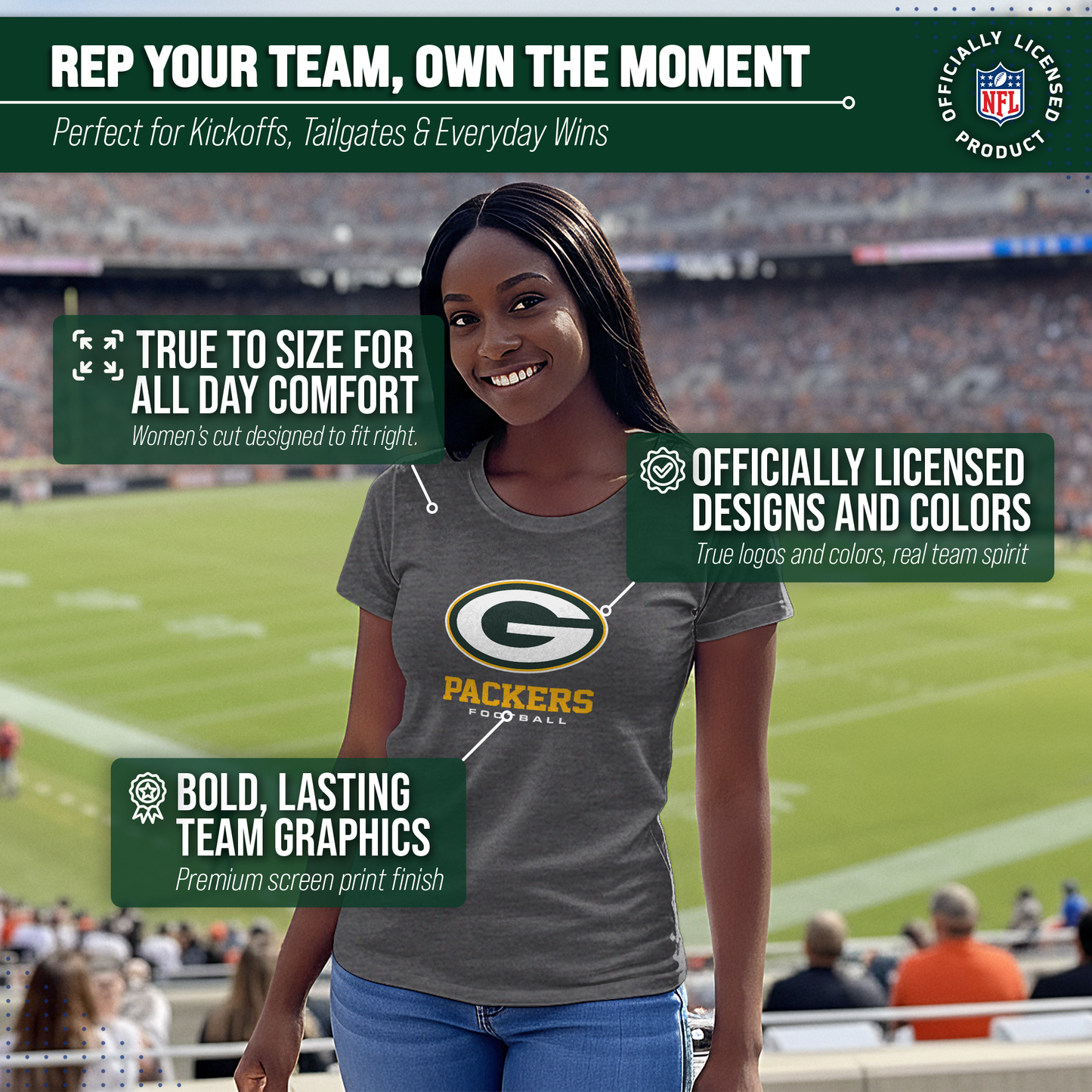 Green Bay Packers Women's NFL Ultimate Fan Logo Short Sleeve T-Shirt - Charcoal