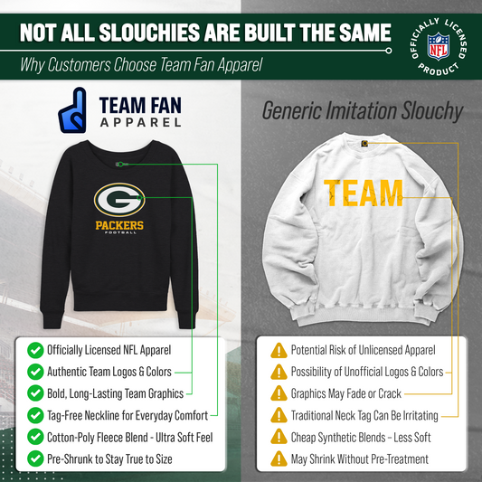 Green Bay Packers Women's NFL Ultimate Fan Logo Slouchy Crewneck -Tagless Fleece Lightweight Pullover - Charcoal