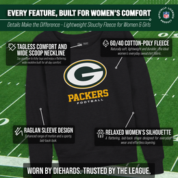 Green Bay Packers Women's NFL Ultimate Fan Logo Slouchy Crewneck -Tagless Fleece Lightweight Pullover - Charcoal