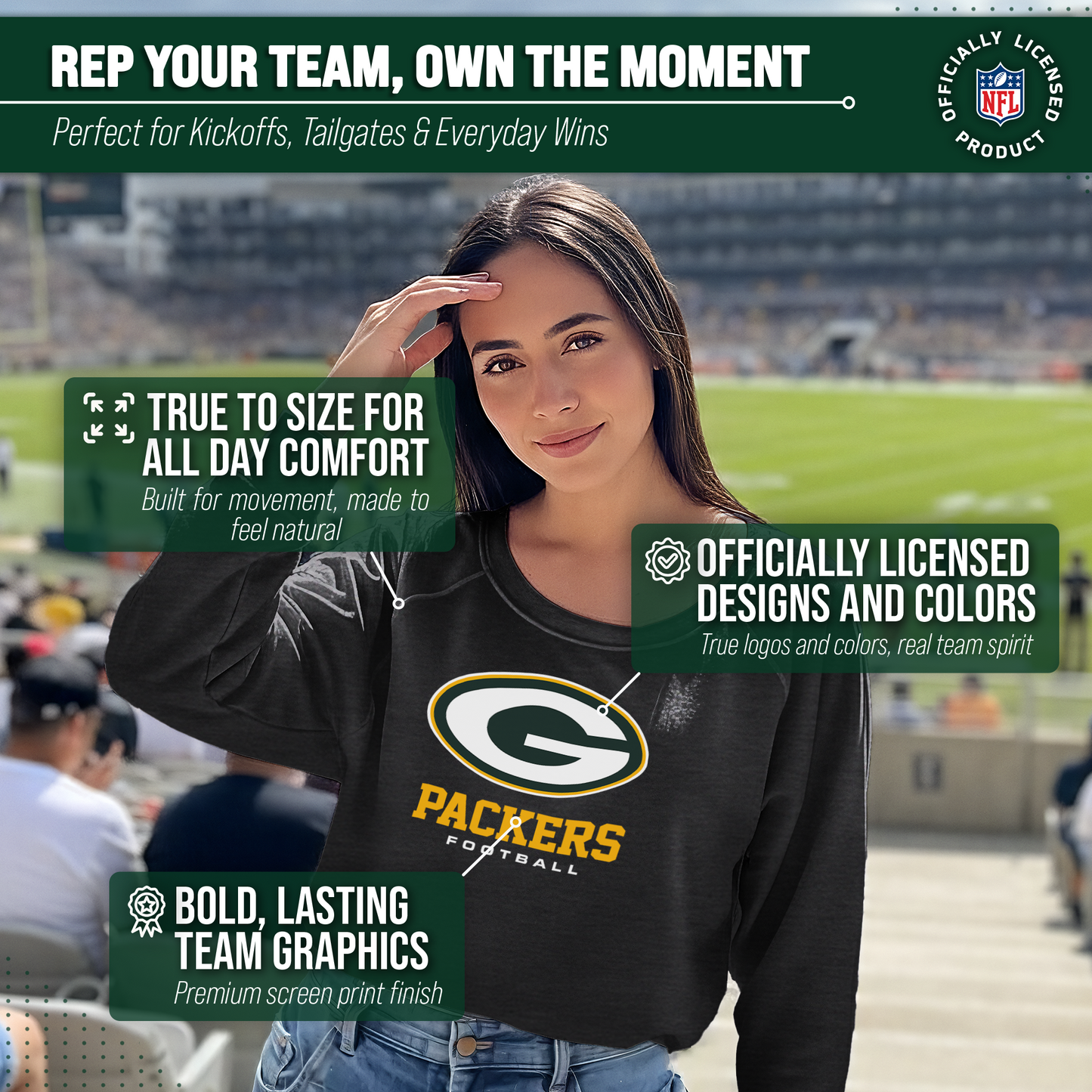 Green Bay Packers Women's NFL Ultimate Fan Logo Slouchy Crewneck -Tagless Fleece Lightweight Pullover - Charcoal