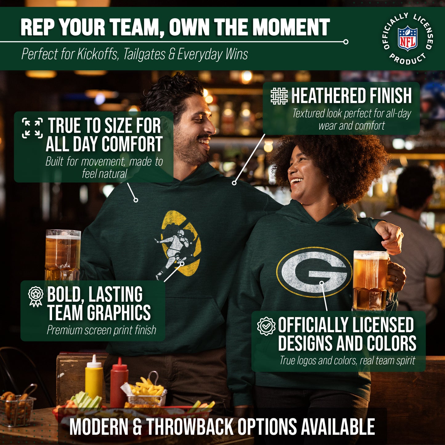 Green Bay Packers NFL Adult Unisex Modern Throwback Ultra Soft Fleece Hooded Sweatshirt - Green