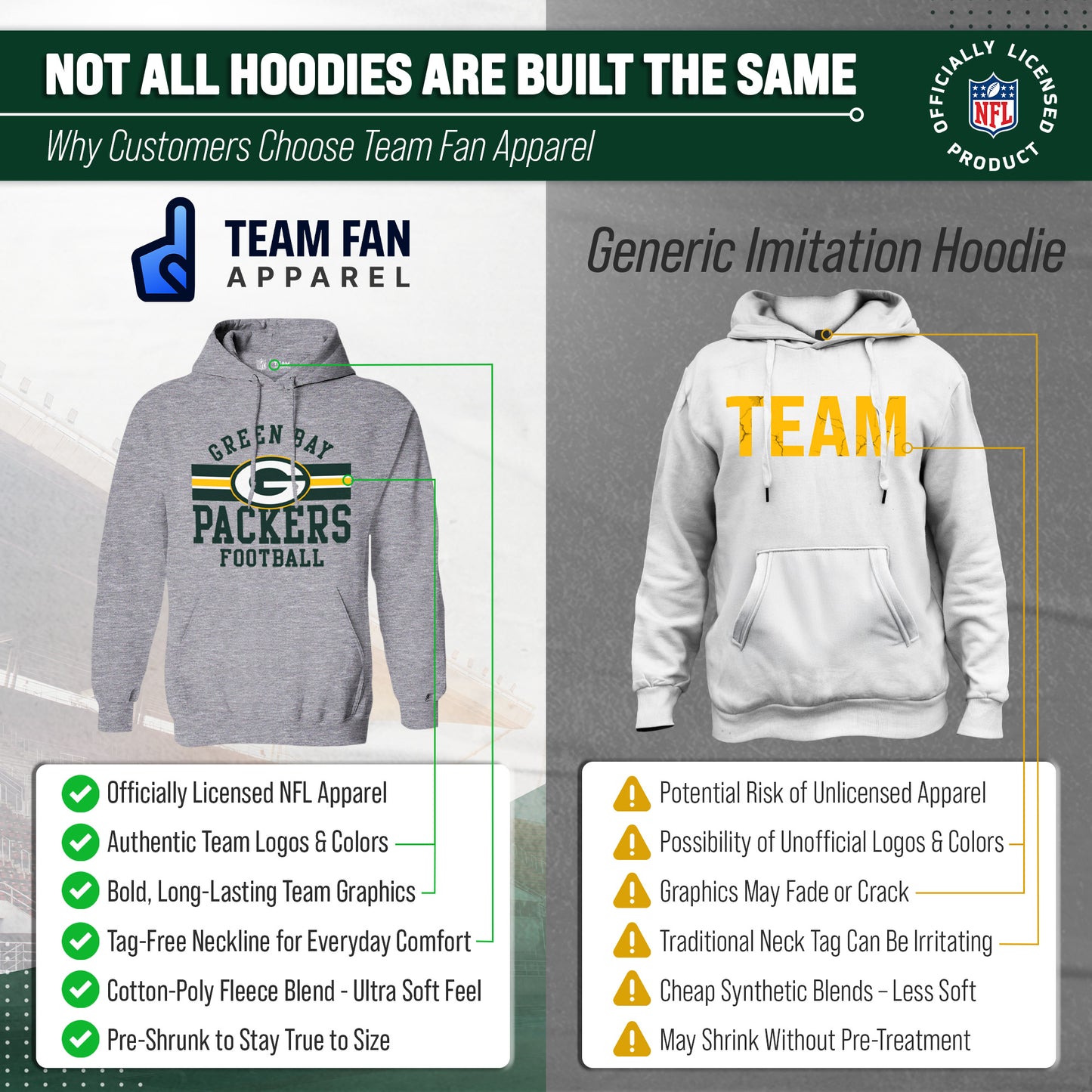 Green Bay Packers NFL Team Stripe Hooded Sweatshirt- Soft Pullover Sports Hoodie For Men & Women - Sport Gray