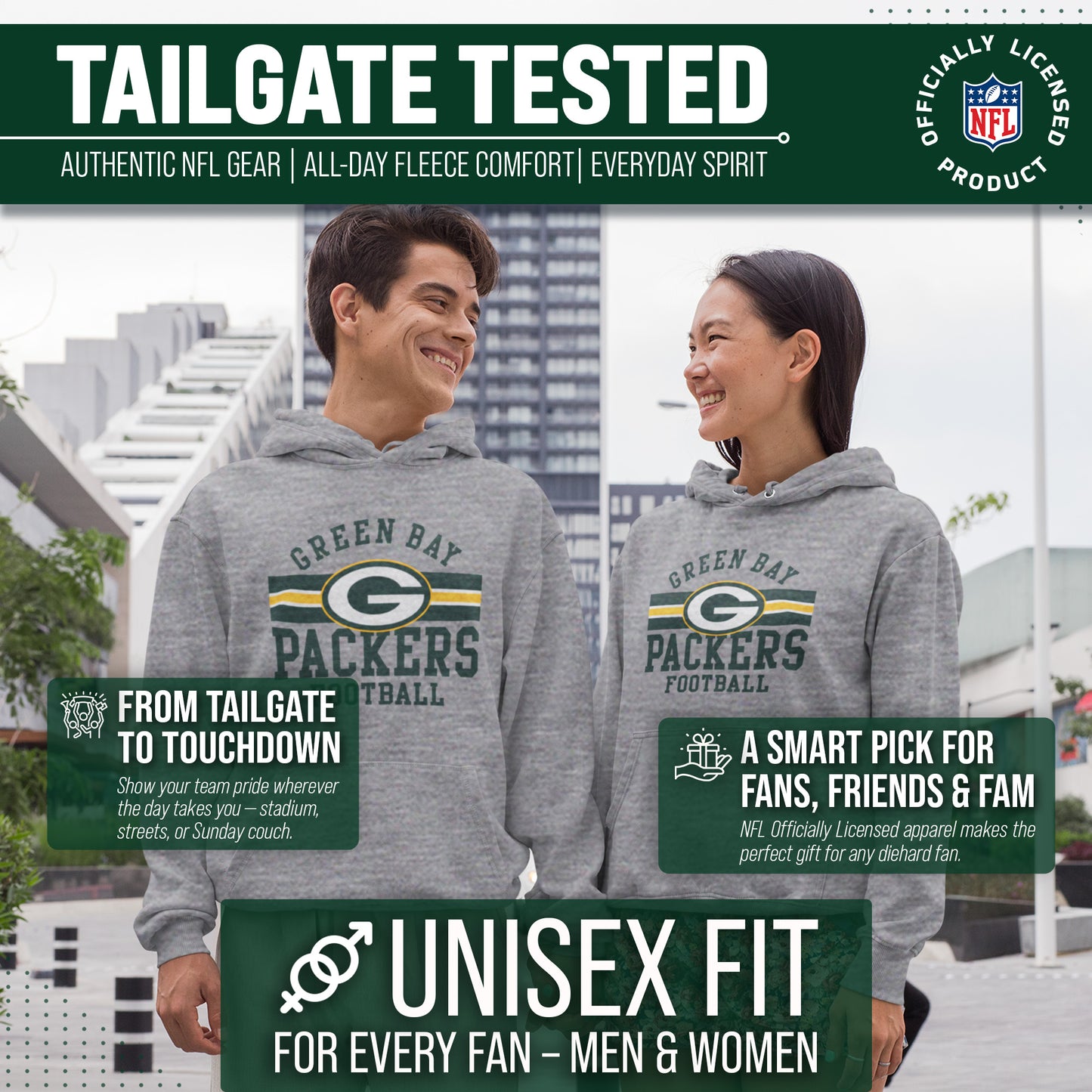 Green Bay Packers NFL Team Stripe Hooded Sweatshirt- Soft Pullover Sports Hoodie For Men & Women - Sport Gray