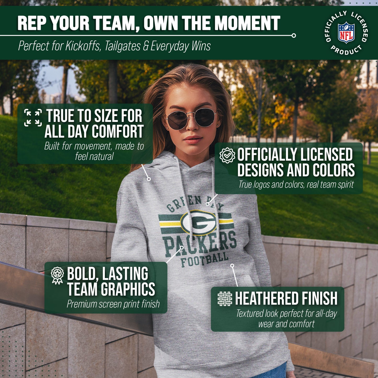 Green Bay Packers NFL Team Stripe Hooded Sweatshirt- Soft Pullover Sports Hoodie For Men & Women - Sport Gray