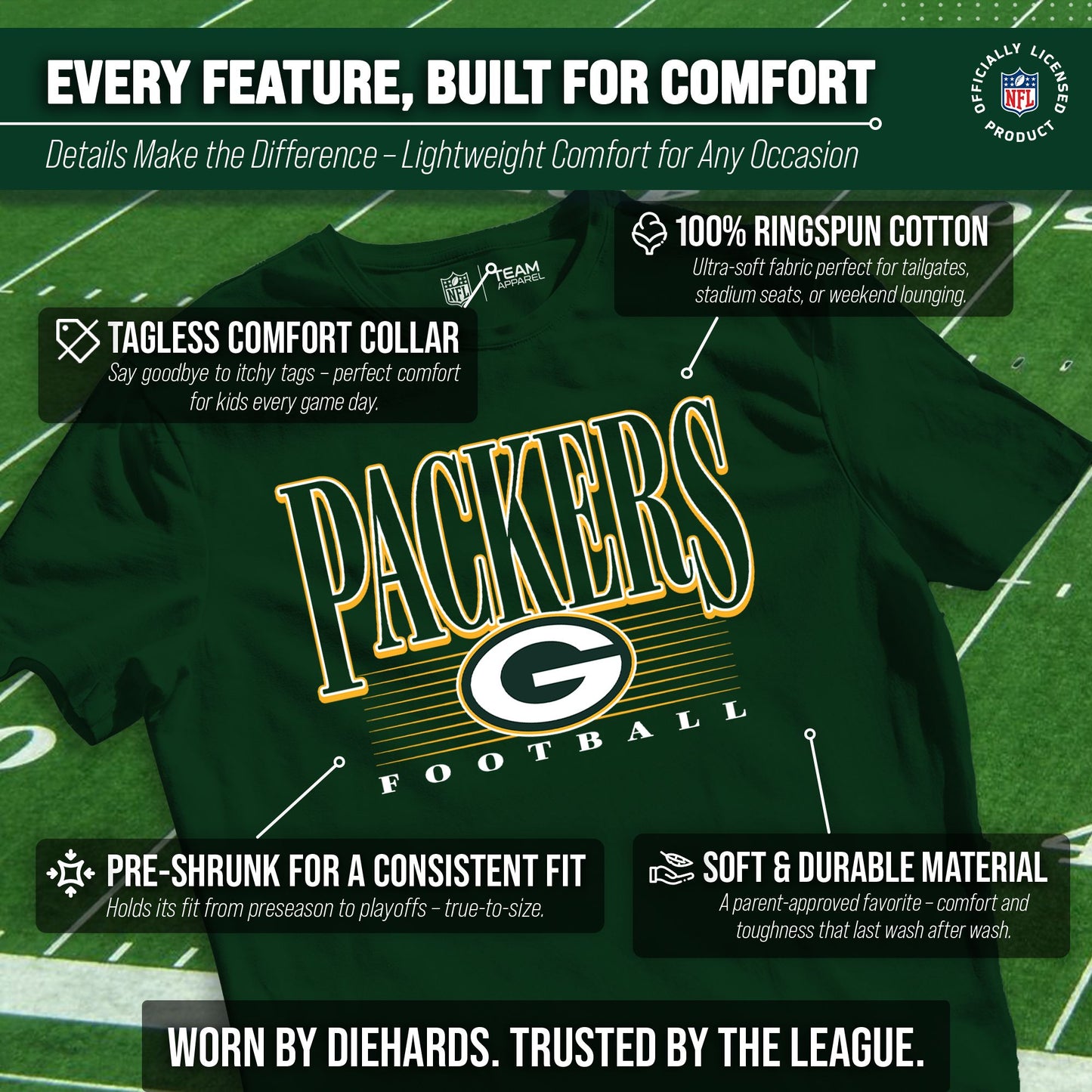 Green Bay Packers NFL Youth Overtime Blueprint Football T-Shirt Unisex Tag Free Comfortable - Forest Green