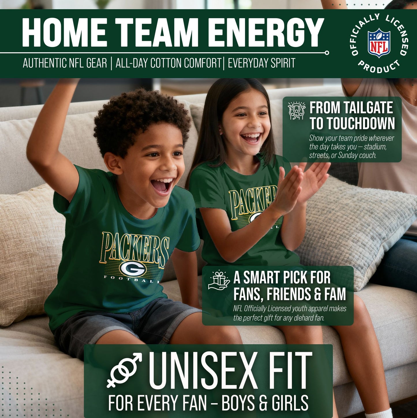 Green Bay Packers NFL Youth Overtime Blueprint Football T-Shirt Unisex Tag Free Comfortable - Forest Green