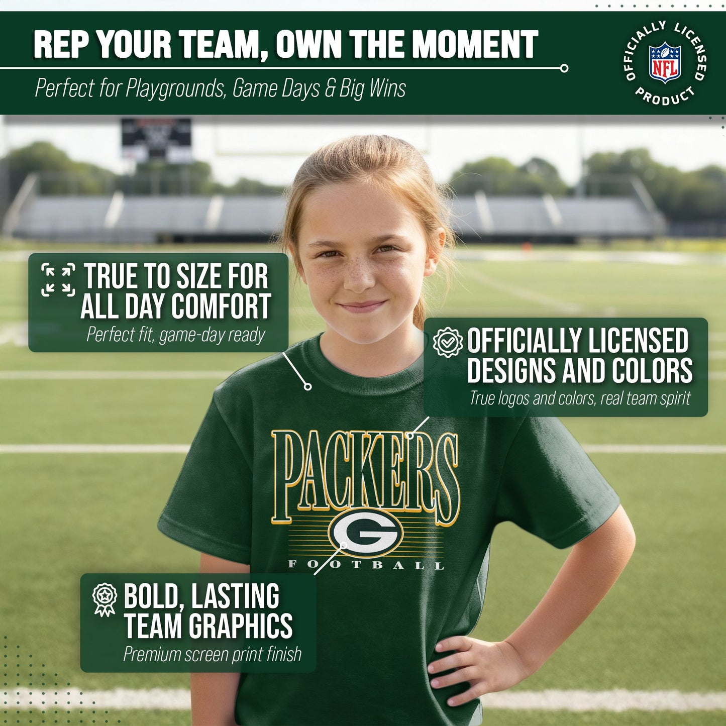 Green Bay Packers NFL Youth Overtime Blueprint Football T-Shirt Unisex Tag Free Comfortable - Forest Green